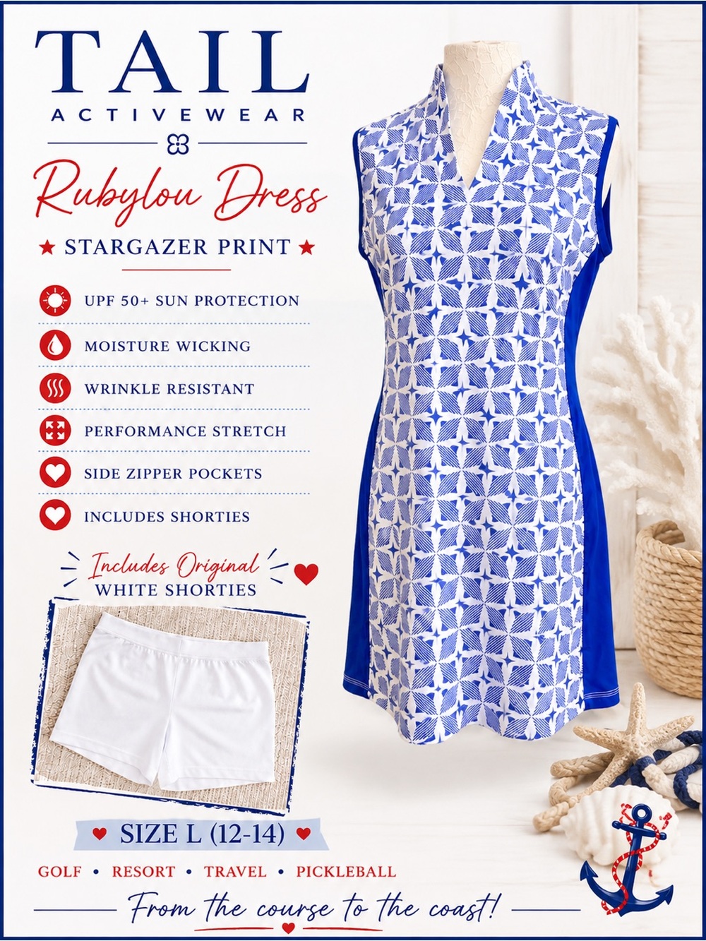 Tail Activewear Rubylou Golf Dress L Blue White Stargazer UPF 50+ w/ Shorties